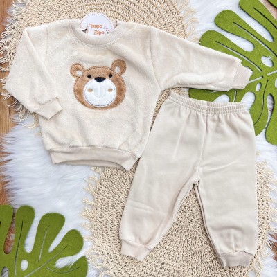 Conj. Casaco de Pelinho Ursinho e Calça de Moletom - Areia